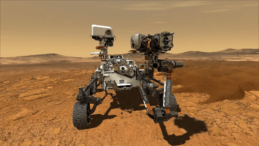 Perseverance Rover on the Mars surface with hills and a reddish-brown sky in the background, demonstrating image quality blog