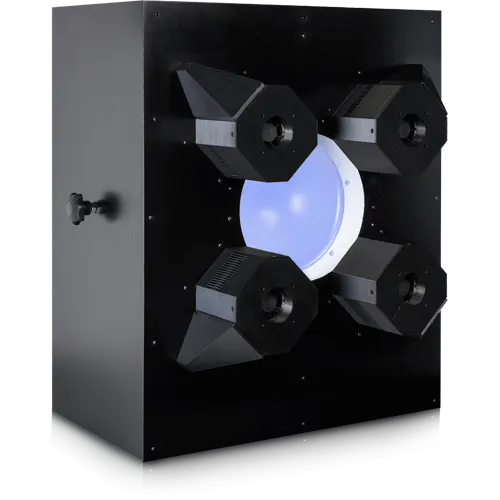Black industrial machine with a central blue illuminated dome and four black hexagonal units surrounding it, useful for production line i...