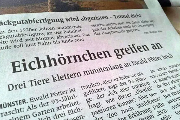 Close-up of a German newspaper page with headlines about squirrel attacks and a building demolition.