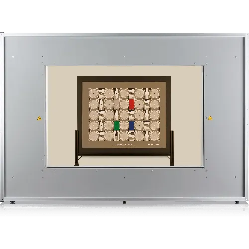A device with a light panel displaying a board game with red, green, and blue markers on a light tan background