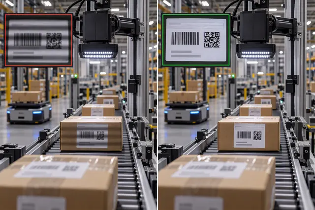 Side-by-side comparison of two conveyor belt systems with boxes. The left image has a blurred barcode on the box, while the right image shows a clear barcode.