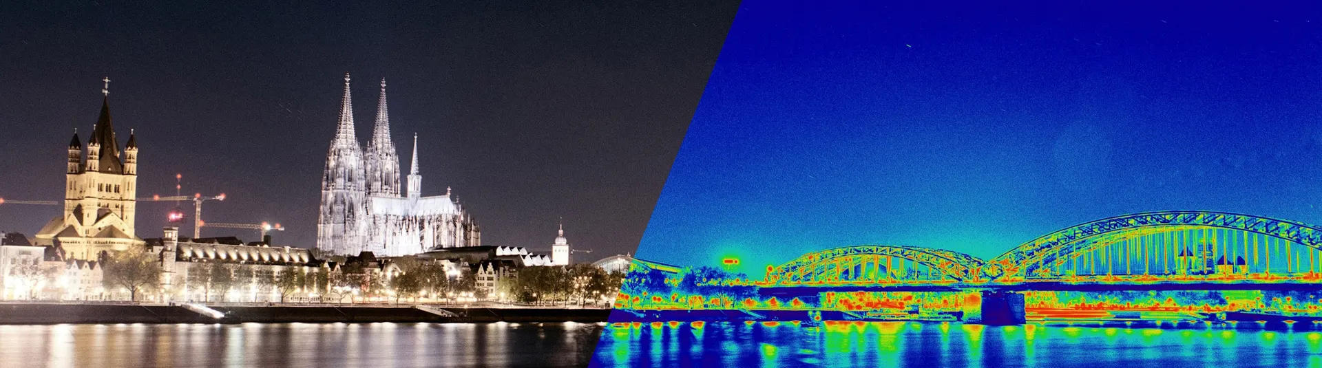 A split image showing a city at night with illuminated buildings on the left and a camera luminance meter view of a bridge on the right