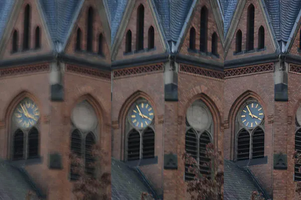 Three church towers in varying degrees of blur, from soft to sharper, demonstrating standardized camera testing.