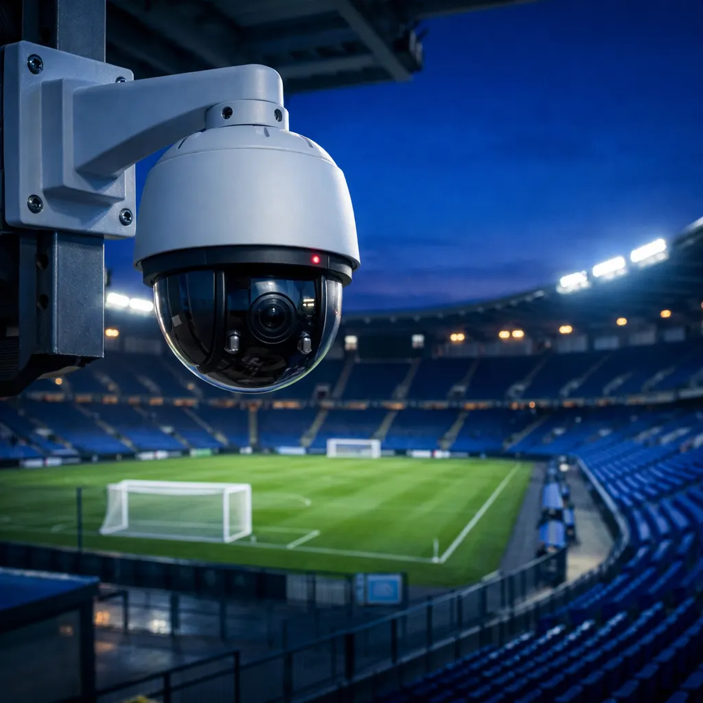 A security camera overlooking an empty soccer stadium at dusk, emphasizing image quality for surveillance