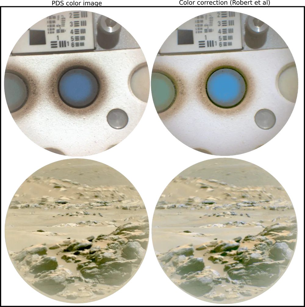 ide by side of – on the left – the original image from PDS (Planetary Data System) and –on the right- a color-corrected image (following method from [3])3.