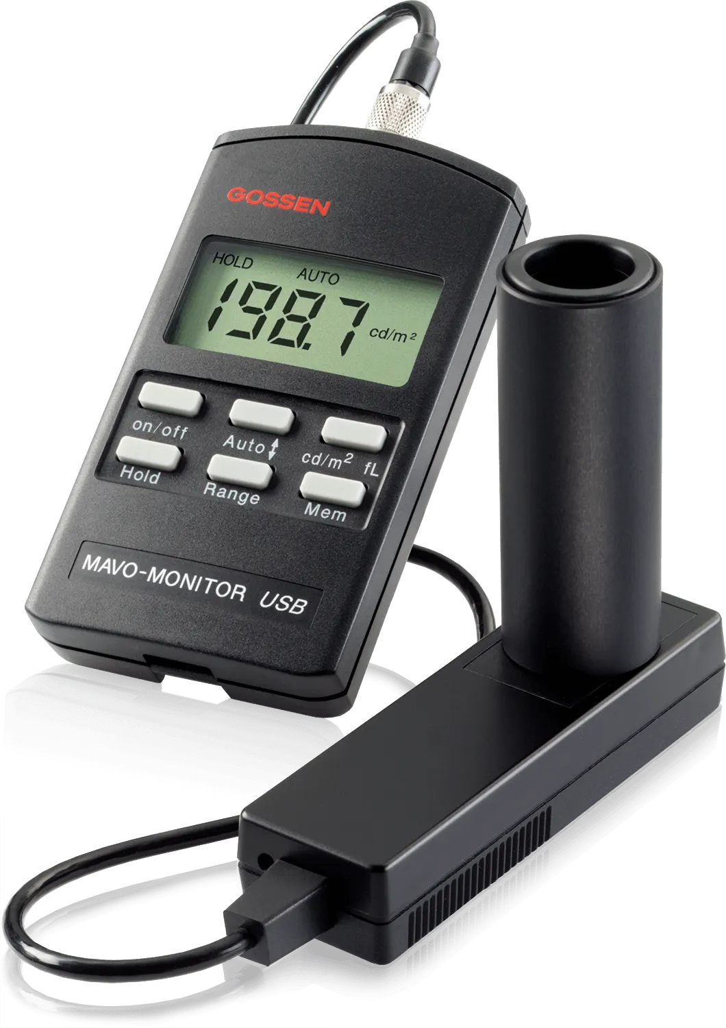 A black Gossen MAVO-MONITOR USB luminance meter with a separate sensor, test lab accessories
