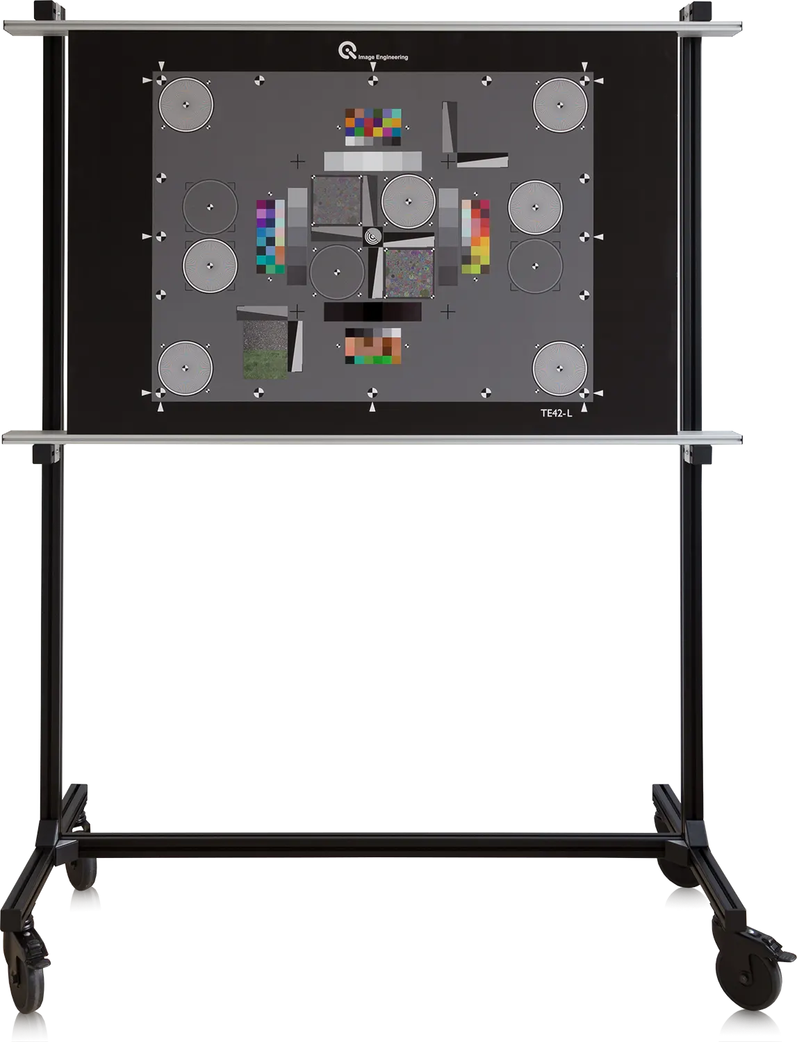 TE42-L test chart on a stand with wheels, showing various color and grayscale patterns for camera calibration