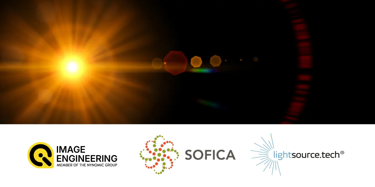 Orange lens flare on a black background with Image Engineering, SOFICA, and lightsource.tech logo