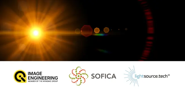 Orange lens flare on a black background with Image Engineering, SOFICA, and lightsource.tech logo