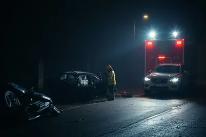 Emergency personnel by a car and motorcycle wreck at night, an ambulance and police car in the background with a camera luminance meter