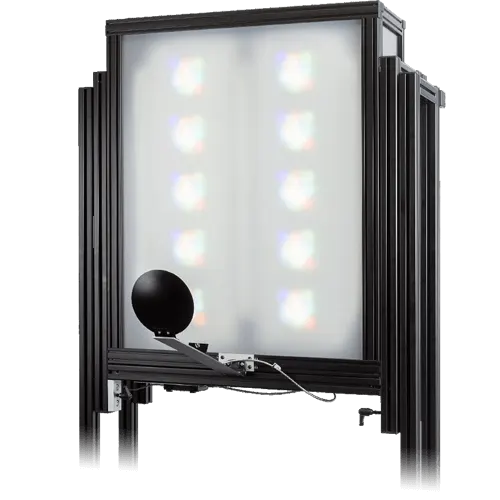 A large rectangular screen with multiple colorful narrow band light patterns, attached to a black metal frame and stand