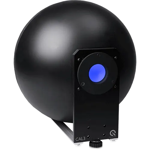 Black spherical measurement device with a blue light aperture, mounted on a black stand, ideal for production line integration