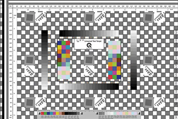 A Universal Test Target chart for standardized camera testing, featuring checkerboard patterns, color blocks, grayscale, and registration...