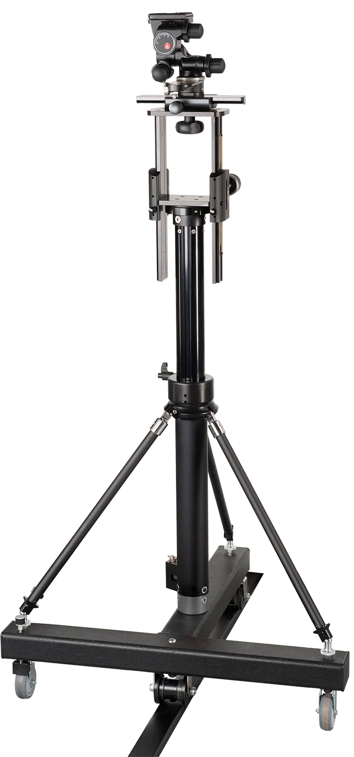 A black camera stand with a tripod head and three stabilizing legs on a wide base with caster wheels, test lab accessories