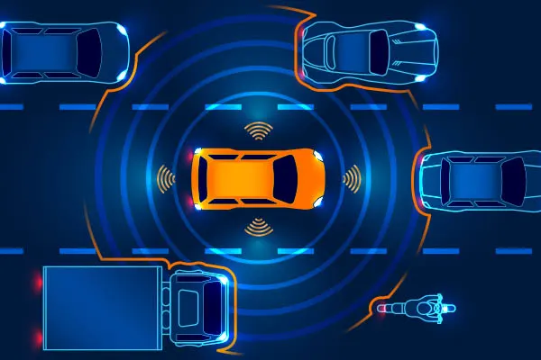 Top-down view of an orange self-driving car on a road detecting other vehicles like cars, a truck, and a motorcycle