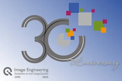 30th anniversary logo for Image Engineering, with colorful pixels representing image quality on a blue background