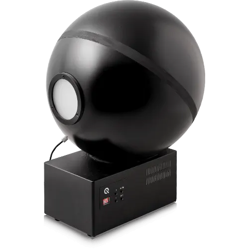 Black integrating sphere for optical measurements on a rectangular base, useful for production line integration