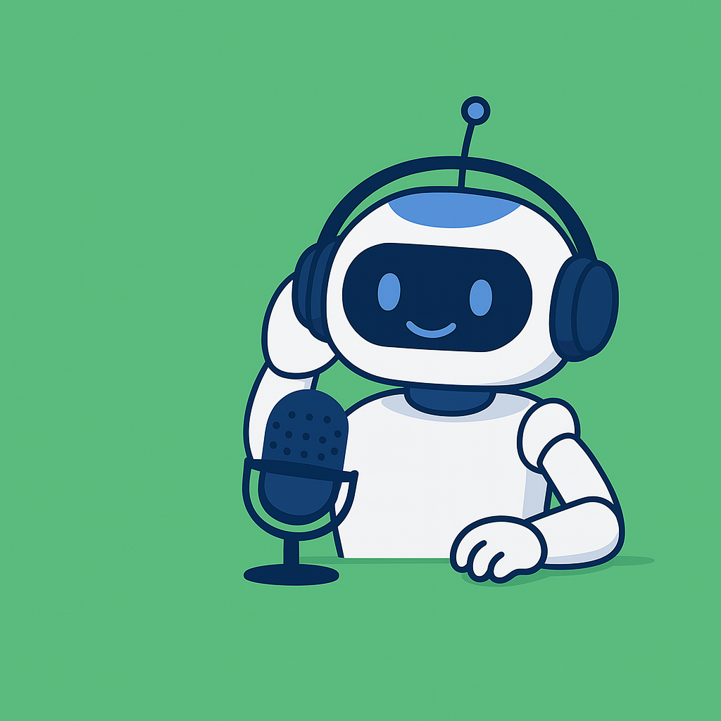 A friendly white robot with blue details, headphones, and antenna holding a microphone, perfect for segment-typen