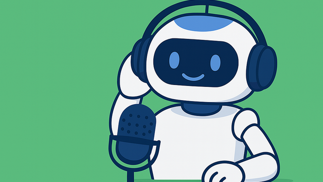 A friendly white robot with blue details, headphones, and antenna holding a microphone, perfect for segment-typen