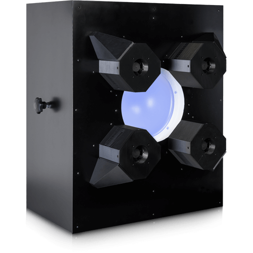 A black box with a central glowing blue circular light source surrounded by four directional narrow band light fixtures