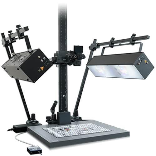 Two black narrow band light sources, one angled and one flat, illuminate a white grid on a gray base