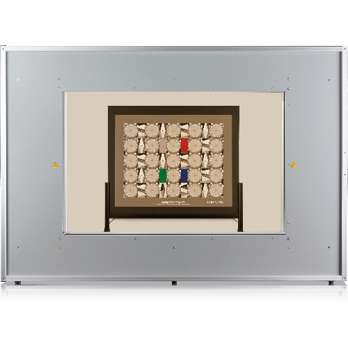 A device with a light panel displaying a board game with red, green, and blue markers on a light tan background