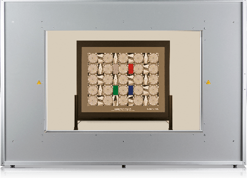 A device with a light panel displaying a board game with red, green, and blue markers on a light tan background