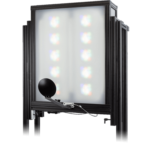 A large rectangular screen with multiple colorful narrow band light patterns, attached to a black metal frame and stand